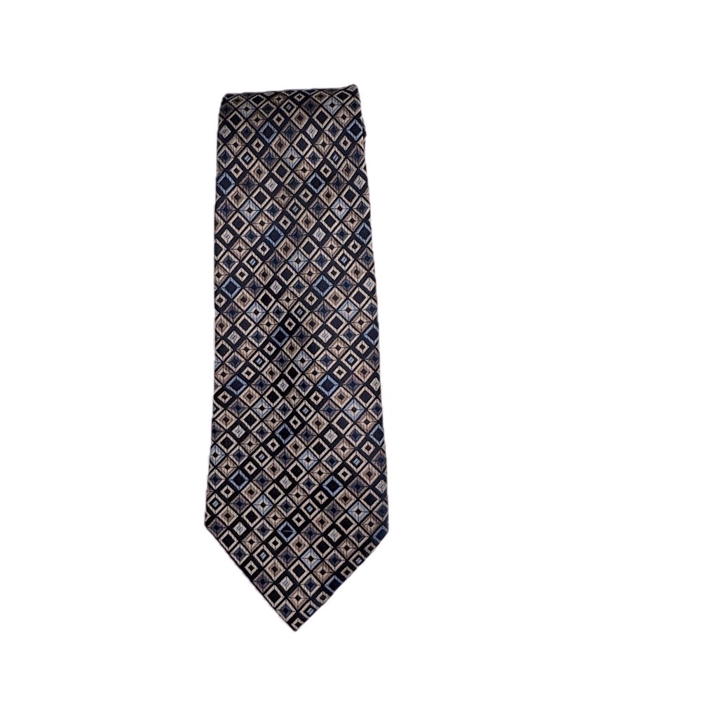 ALFANI 100% Silk Tie Geometric Diamond Pattern Blue Brown Formal 60”